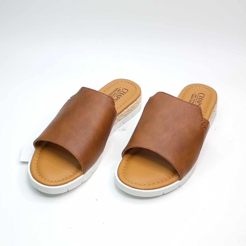 Chaps Nerissa Slide Sandals Women Size 7 Tan Faux Leather Espadrille Platform